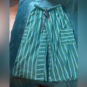 Free People Beach Size Small Striped Wide-Leg Drawstring Pants in Green and Blue